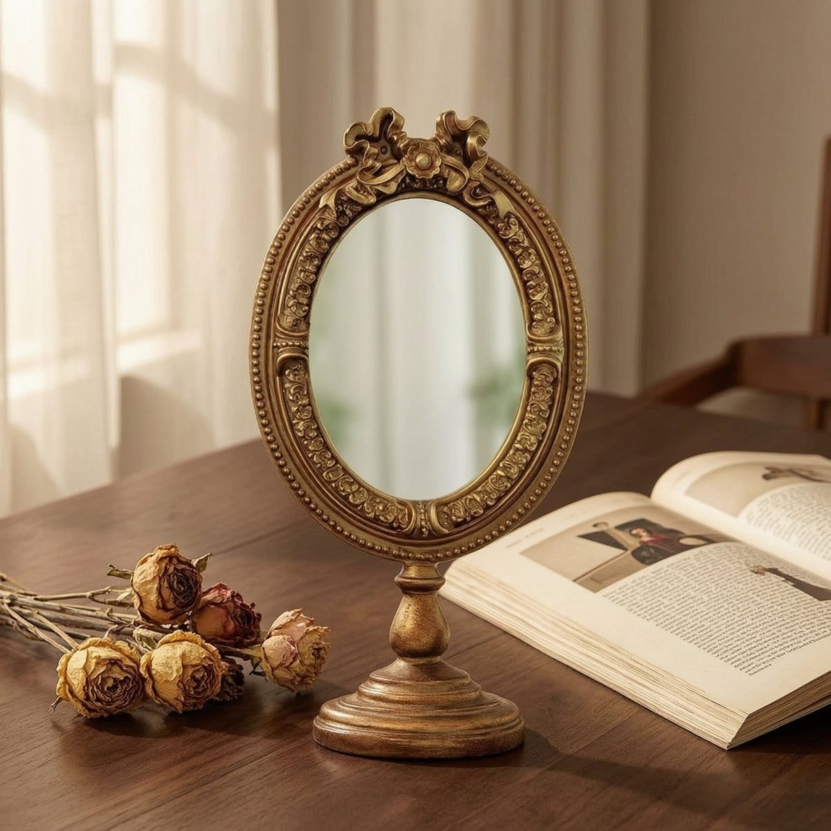 Oval Tabletop Mirror Pedestal Base Home Decor Decorative
