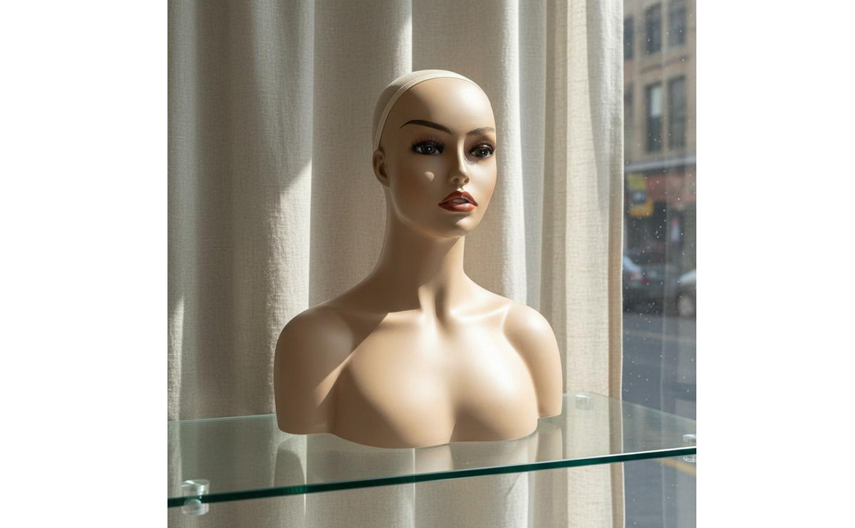 Mannequin Head with Shoulders Pierced Ears Hairpiece Display Head Mountable Base Realistic Display Bust for Retail Store