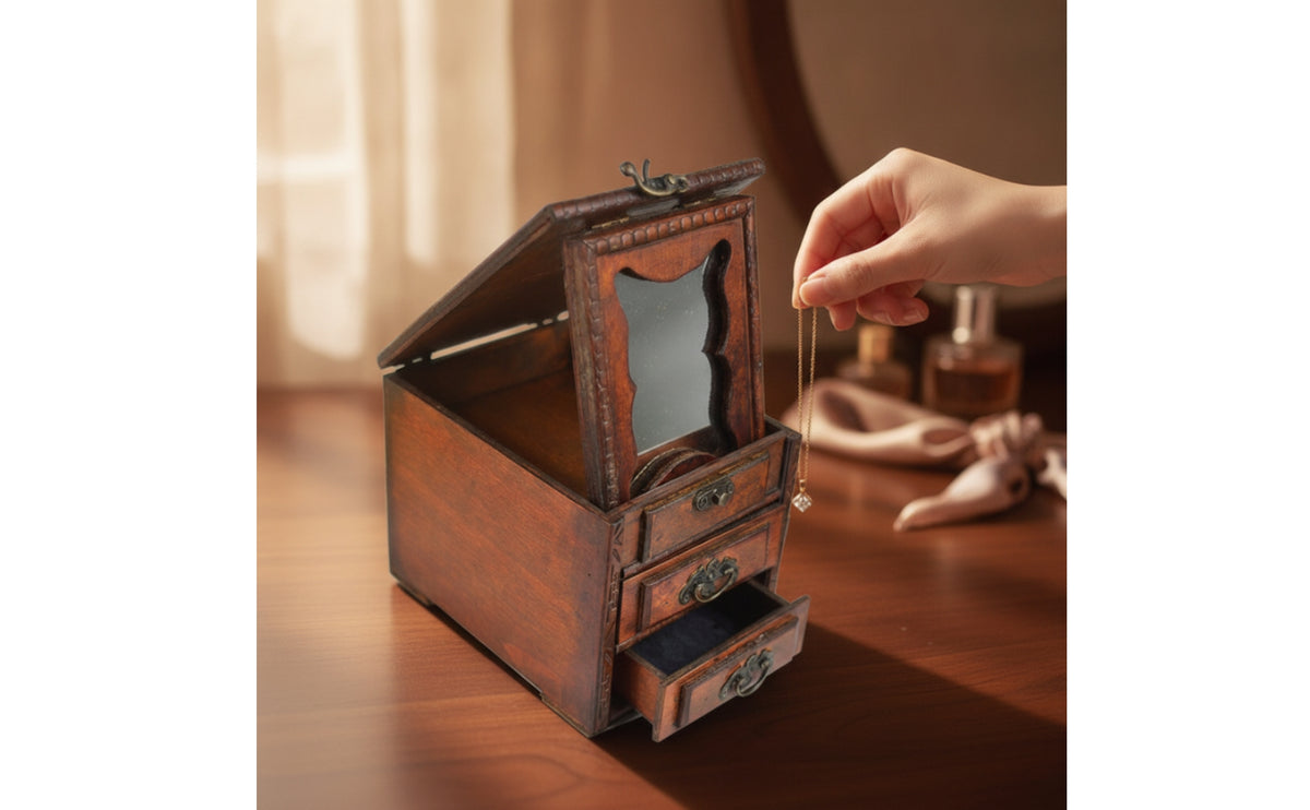 Wooden Jewelry Box with Mirror Vintage Wooden Jewelry Box Embossed for Women, Bedroom