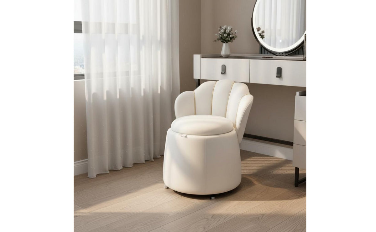 Back Makeup Chair Full Rotation Wheels Shell Back Storage Stool Soft Upholstery Rolling Vanity Ottoman for Women, Bedroom, Nail Salon