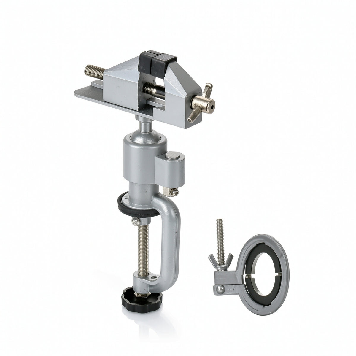 2 Pieces Adjustable Rotating Bench Vise with Clamp Rotatable Clamp-on Vise with Drill Holder Lightweight Table Vice Compact for Workshop, Garage