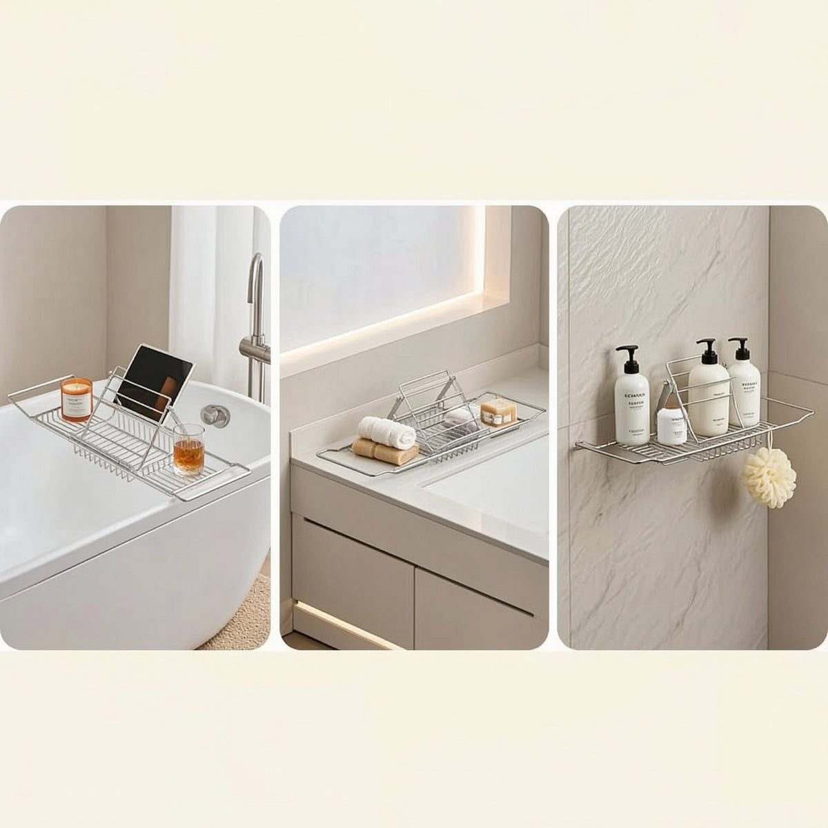 Bathtub Rack Stainless Steel over Tub Tray Expandable over Tub Organizer Shelf for Home Spa
