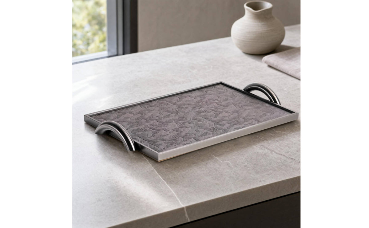 Leather Tray with Metal Frame Decorative Rectangular Tray with Handles Contemporary for Tabletop