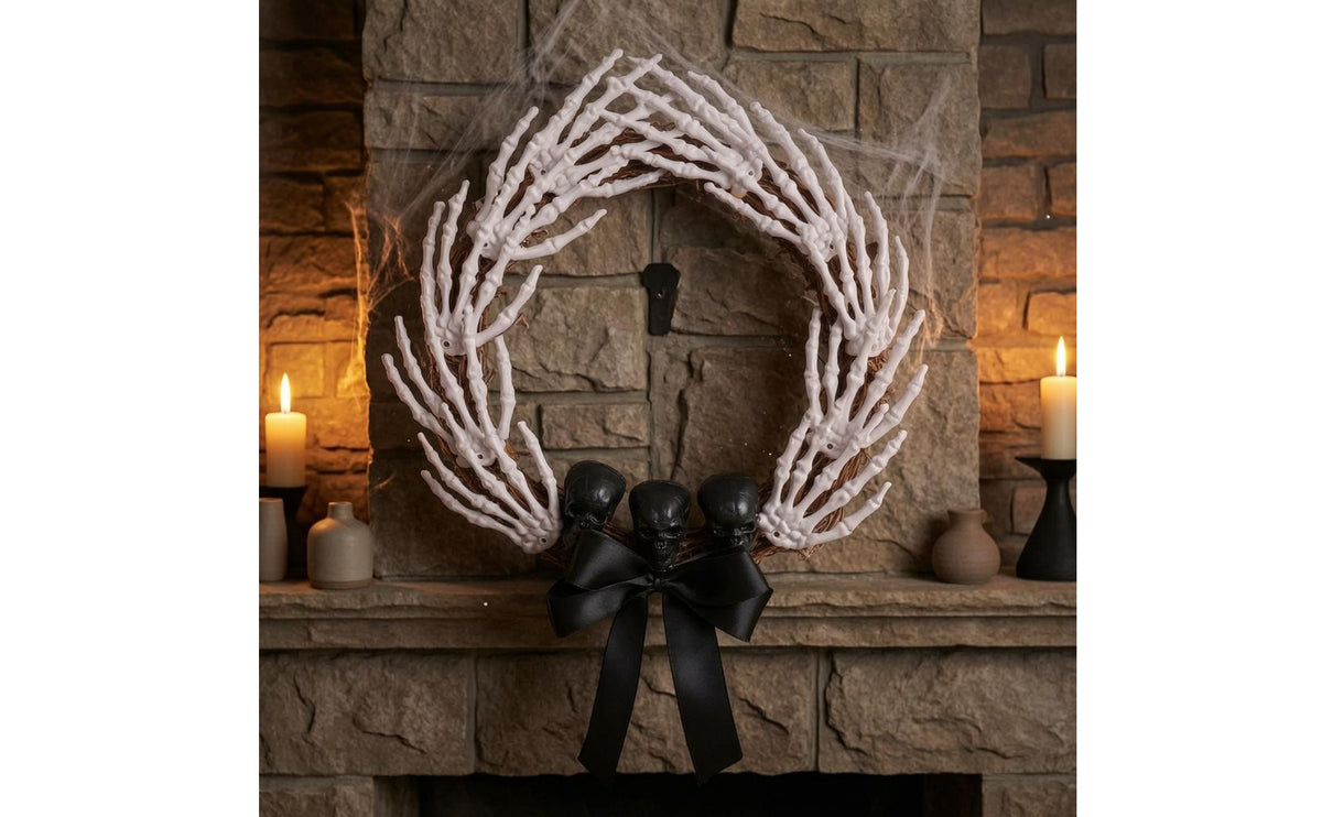 White Bones Skeleton Hand Wreath Black Ribbon Halloween Wreath Spooky Halloween Door Hanger Circular Frame
