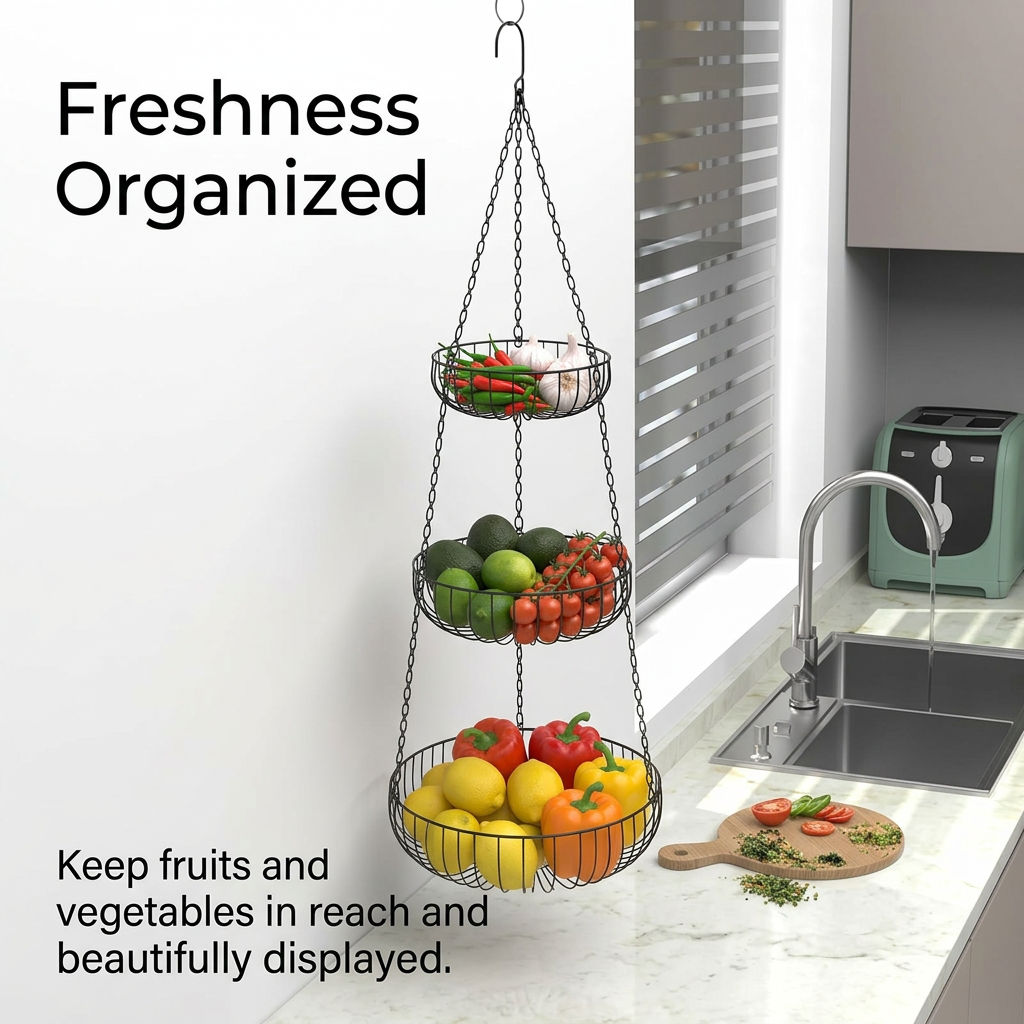 3 Tier Hanging Fruit Basket, Hanging Vegetable Fruit Basket, Wall Mounted Hanging Fruit Basket, Tiered Hanging Storage Baskets