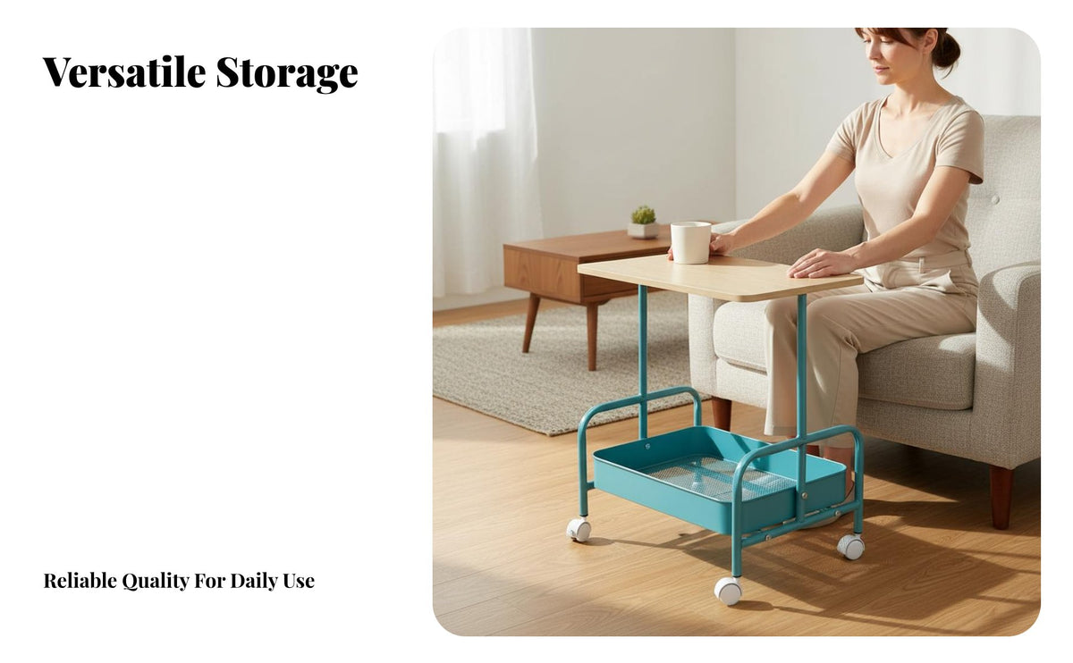 On Wheels Rolling Side Table Multi-Functional 2-Tier Utility Trolley Space Saving Mobile Bedside Cart Sturdy Frame for Apartment Dwellers, Distant Workers, Living Room, Bedroom, Small Areas, Home Office