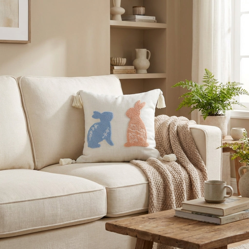 Bunny Embroidered Pillow Cover Linen Embroidered Throw Pillow Case Seasonal Decor Spring Decorative Pillowcase for Sofa, Bedroom, Couch