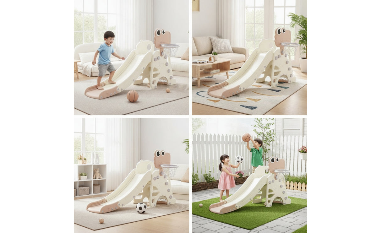 Foldable Slide with Basketball Hoop Adjustable Toddler Slide Plastic Playset Long-Lasting for Toddlers, Kids