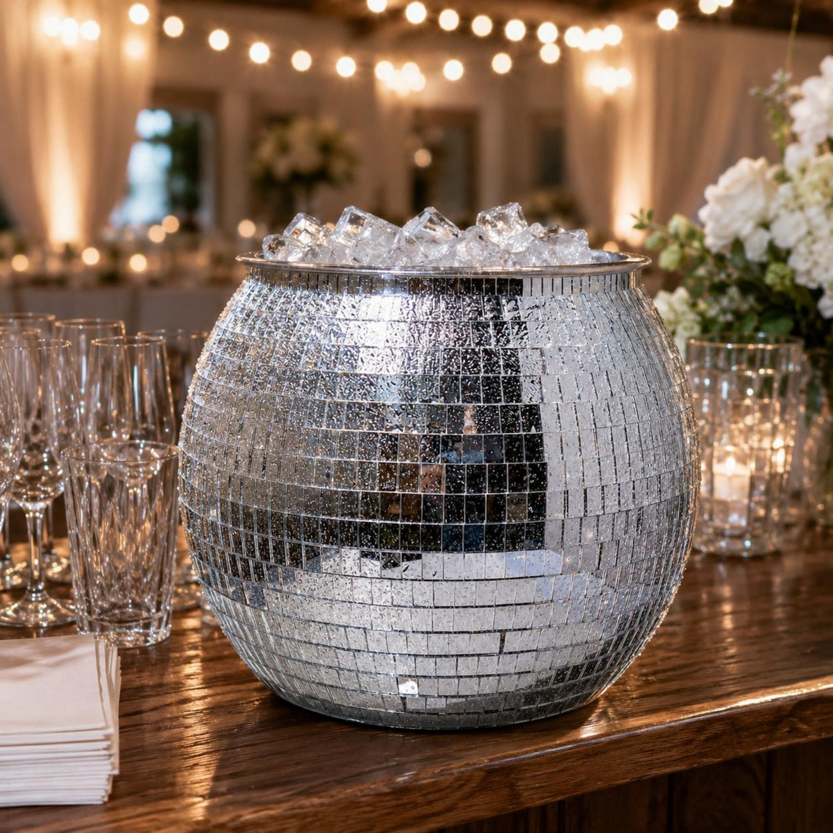Faceted Mosaic Disco Ball Ice Container Bulbous Disco Ice Container Uncovered Top Home Decor Round for Wedding, Decorative Display