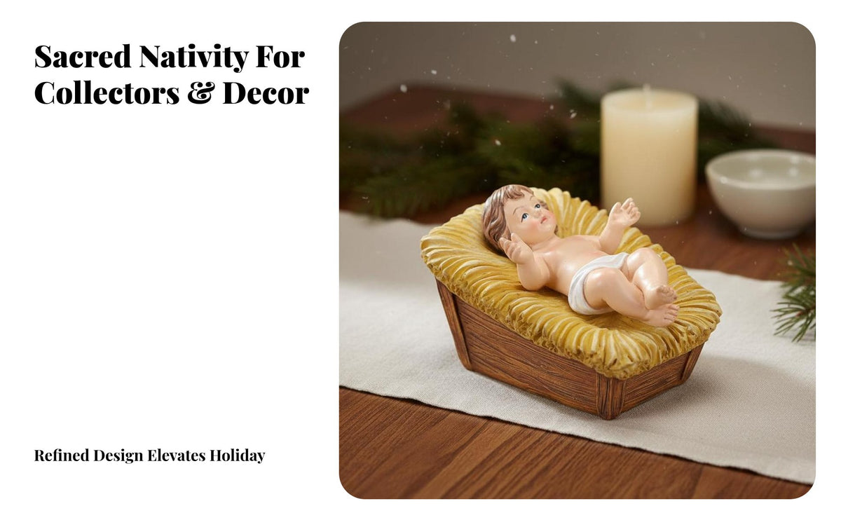 Infant Jesus in Manger Figurine Spiritual Symbolism Infant Jesus in Manger Statue Beautifully Detailed Resin Holy Infant Ornament for Collectors