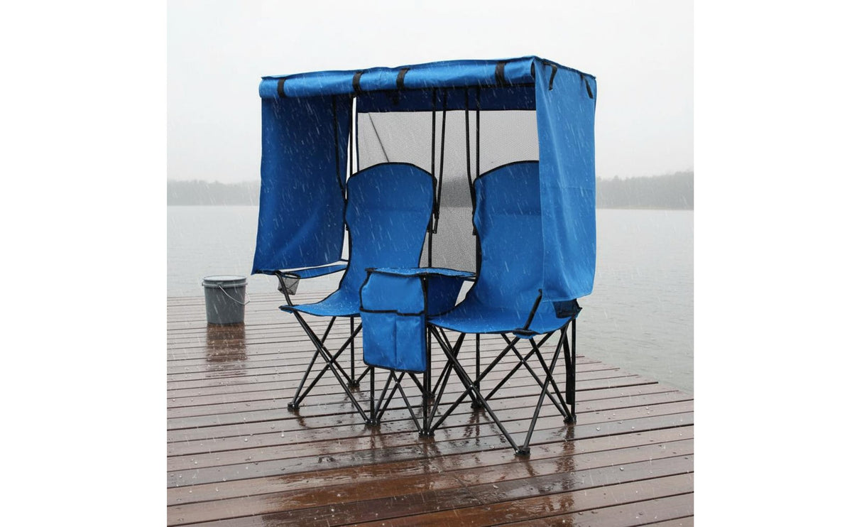 Foldable Design Double Camping Chair with Canopy Rollable Curtains 2-Person Folding Chair with Sun Shade Cup Holders Portable Loveseat with Cooler Storage Pockets for Beach, Fishing, Picnic