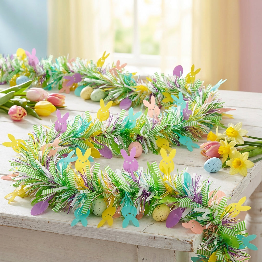Easter Egg Garland Festive Design Easter Tinsel Garland Shiny Colorful Egg Streamer for Party Planners, Families, Wall Hanging, Indoor, Classroom
