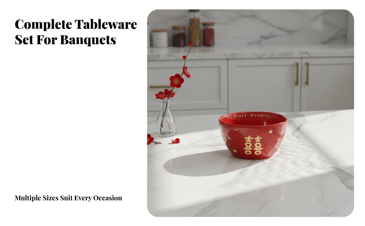 Chinese Wedding Dinnerware, Shiny Red Ceramic Bowls, Festive Tableware, 2024