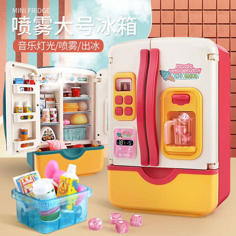 Large Simulated Double-Door Refrigerator Toy with Spray, Light, and Music for Kids