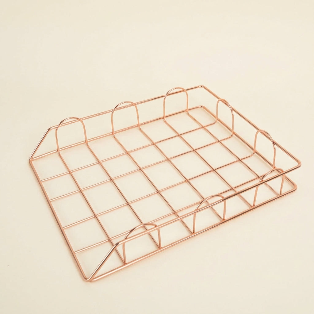 Desktop Organizer for Office Use, Rose Gold Metal File Rack, Layered Wire Frame Document Holder, A4 Tiered Desk for Students