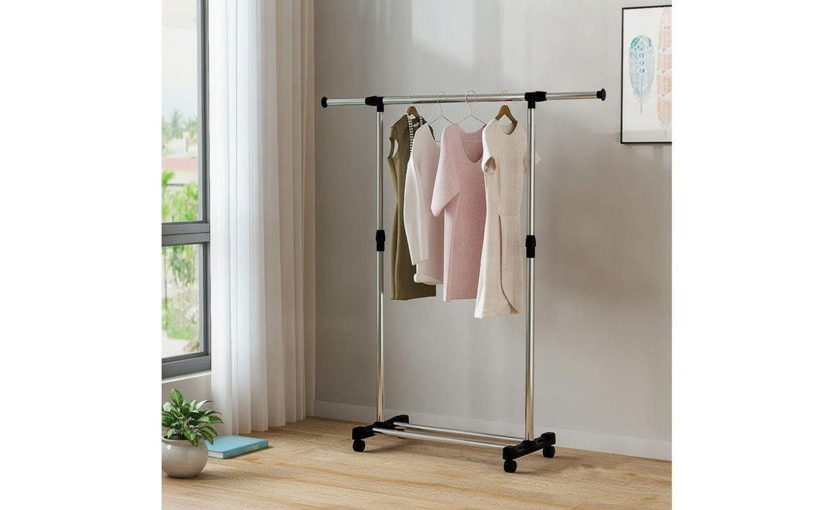Telescoping Garment Rack with Wheels Mobile Rolling Clothes Rack Space-Saving Furniture Sturdy for Laundry Room