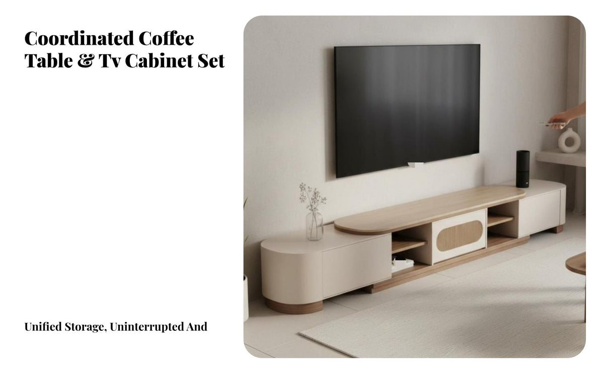 2 Pieces Extendable Design Expandable Media Cabinet and Coffee Table Set Minimalist Aesthetic Sleek TV Stand Multi-Functional Storage Living Room Furniture Long-Lasting Construction for Apartment Dwellers, Homeowners, Renters, Small Apartments, Home