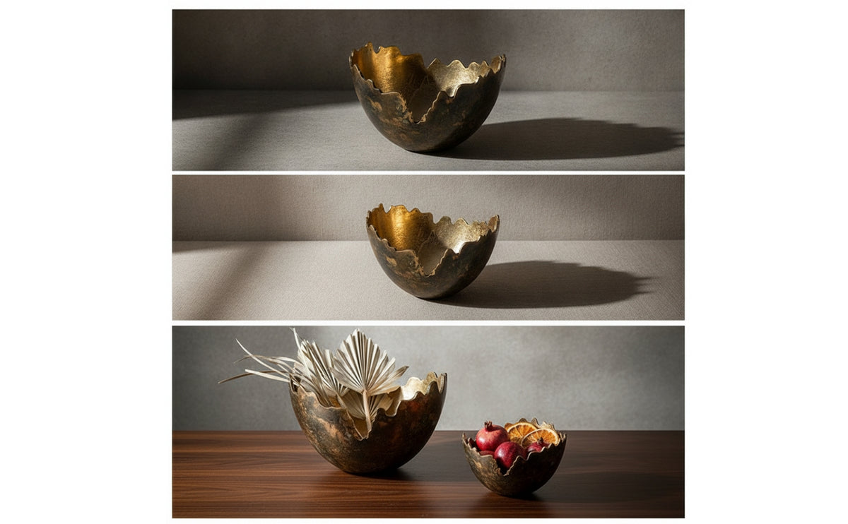 Decorative Bowl Hammered Metal Bowl with Rims Antique Gold Vessel for Decorators, Homeowners, Coffee Table, Entryway Console, Living Room