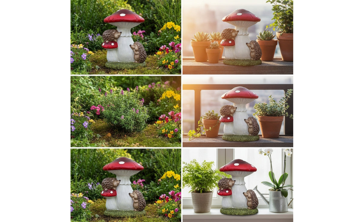 Fungus Statue with Hedgehogs Ceramic Fungus Hedgehog Figurine Toadstool Ornament Whimsical Cute for Gardeners, Patio