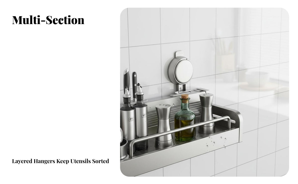 Drillwithout Drilling Installation Multifunctional Suction Rack Multi-Functional Kitchen Organizer Movable Hooks Wall Shelf Easy to Clean for Renters, Apartment Dwellers, Home Cooks, RV, Pantry