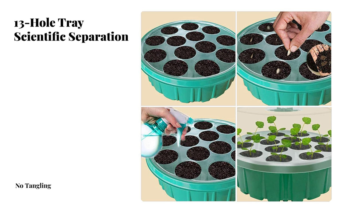 Reusable 13-Hole Seedling Starter Tray with Light Round Nursery Box with Grow Light Indoor Plant Germination Kit for Gardeners, Beginners, Home, Balcony