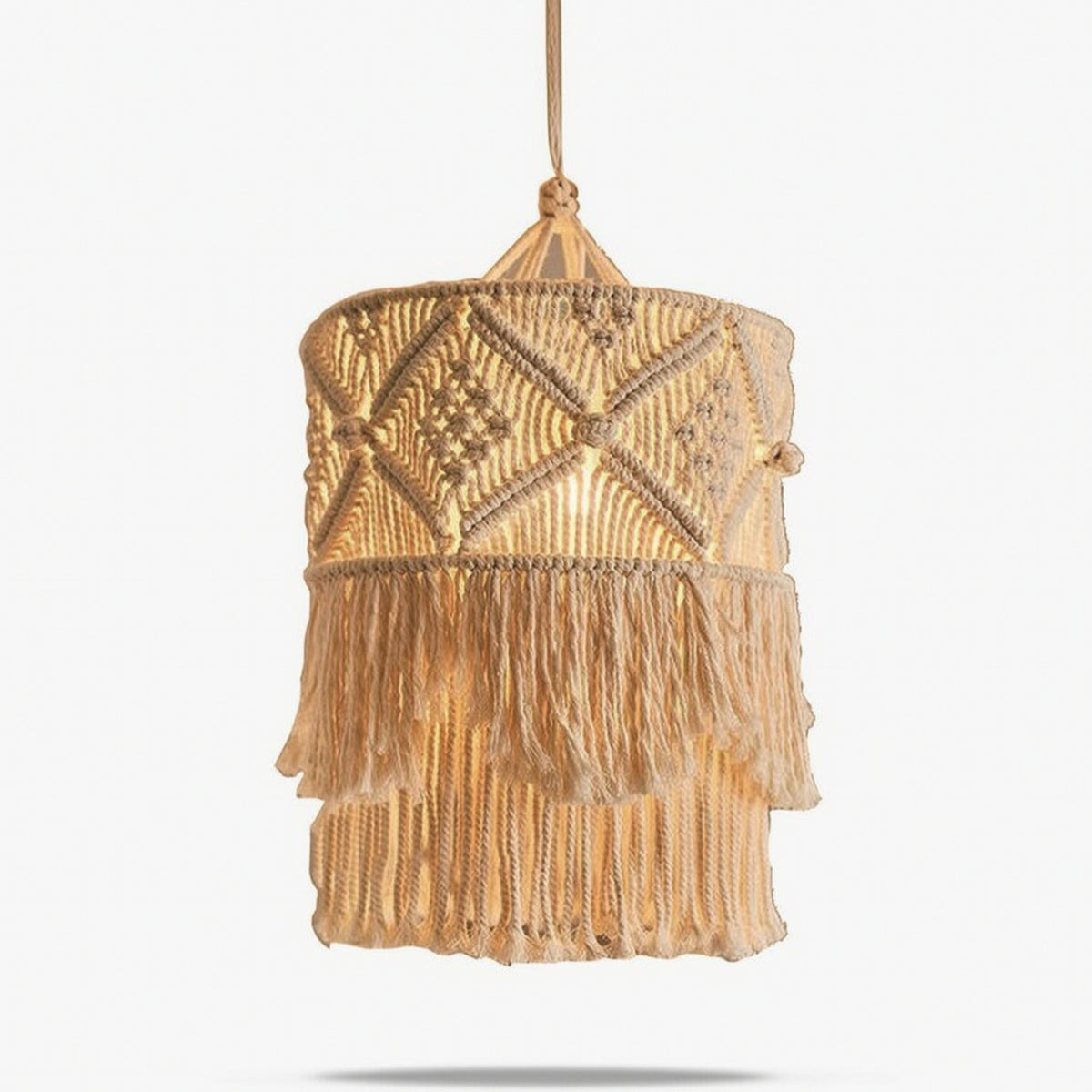 Handmade Macrame Lampshade Cylindrical Macrame Pendant Light Shade Decorative Lampshade with Fringe Unique Design for Bedroom, Cafe