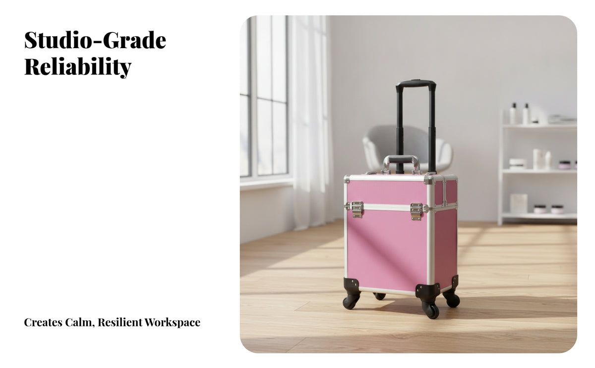 360-Degree Swivel Rolling Makeup Case | Compartmented Tray Storage, Sturdy Aluminum Alloy Frame, Rolling Makeup Train Case, for Mobile Work