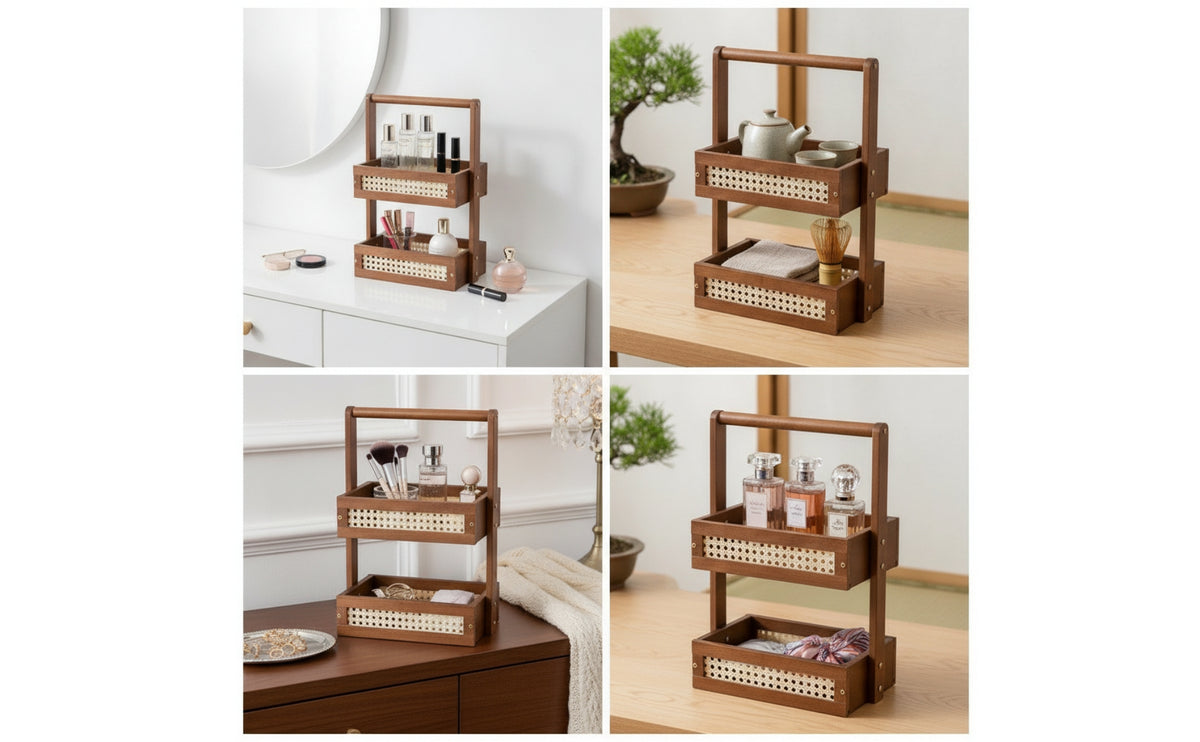 Vanity Tray with Handle Walnut Two-Tier Organizer for Desk and Countertop