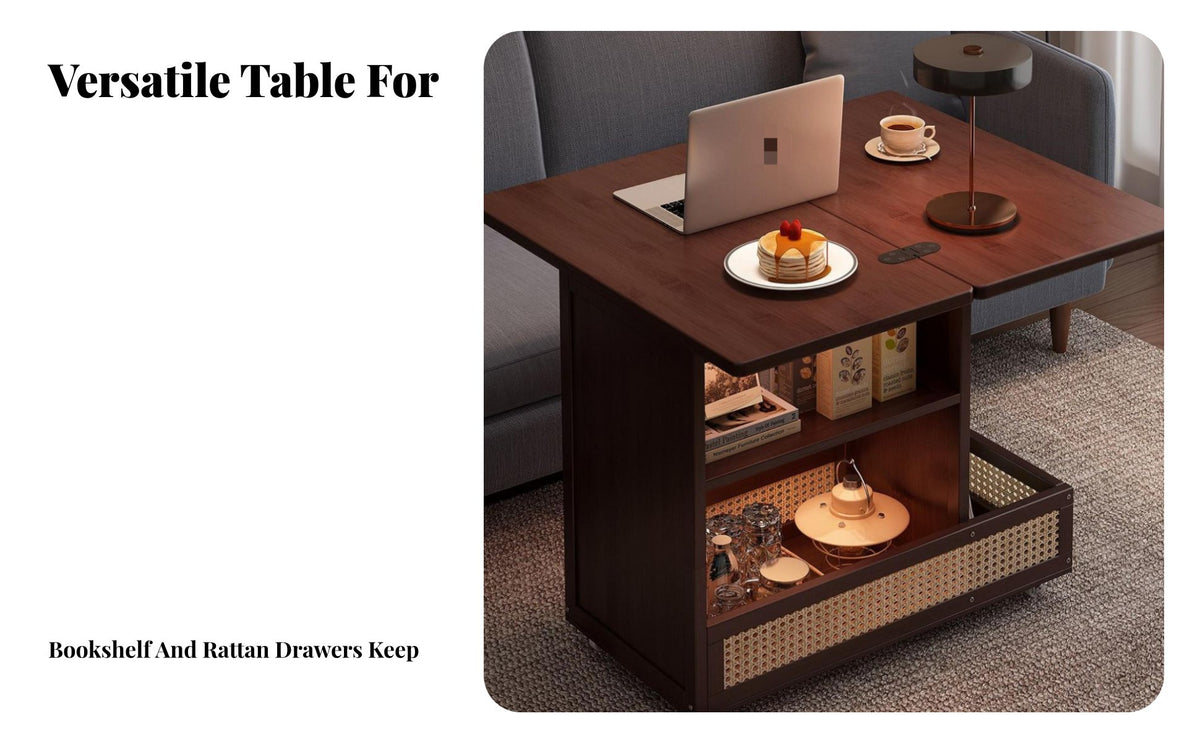 Multi-Functional Folding Coffee Table Foldable Design Sofa Side Table Space Saving Rotating Laptop Desk Cart Vintage Design for Apartment Dwellers, Home Office Workers, Homeowners, Small Areas, Bedroom, Balcony, Entryway