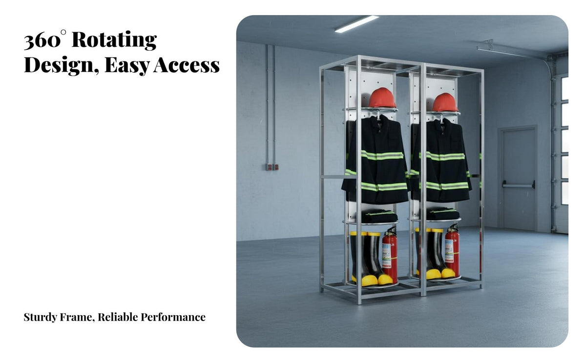 Electric Fire Suit Rack Heavy Duty Rotating Turnout Gear Cabinet Silent Casters Stainless Steel Bunker Gear Storage for Firefighters, Storage Area