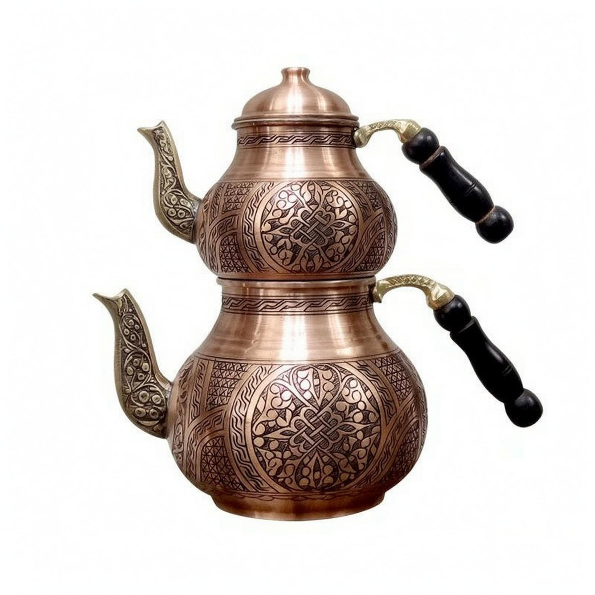 Turkish Mother-Son Teapot Handmade Copper Teapot Embossed Floral Stacked Kettle Geometric Carving