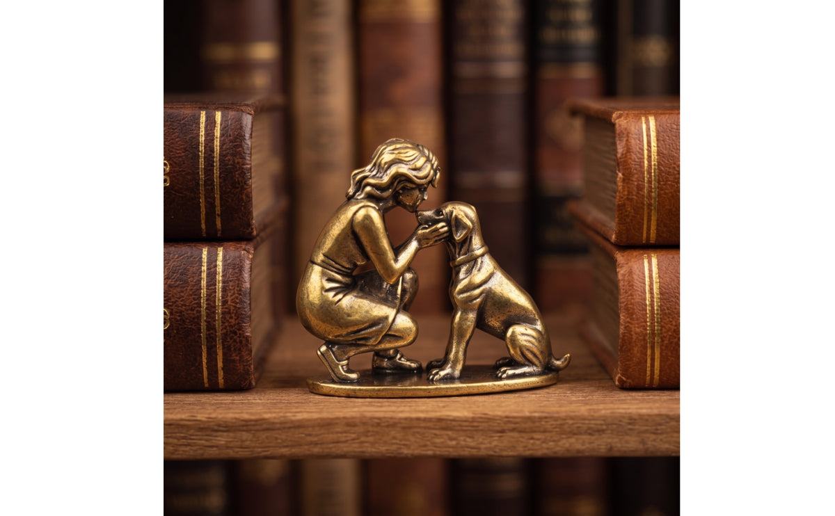 Antique Bronze Finish Girl and Dog Figurine Brass-Colored Girl with Dog Figurine Sculpted Sculpture Heartwarming for Bookshelf, Desk