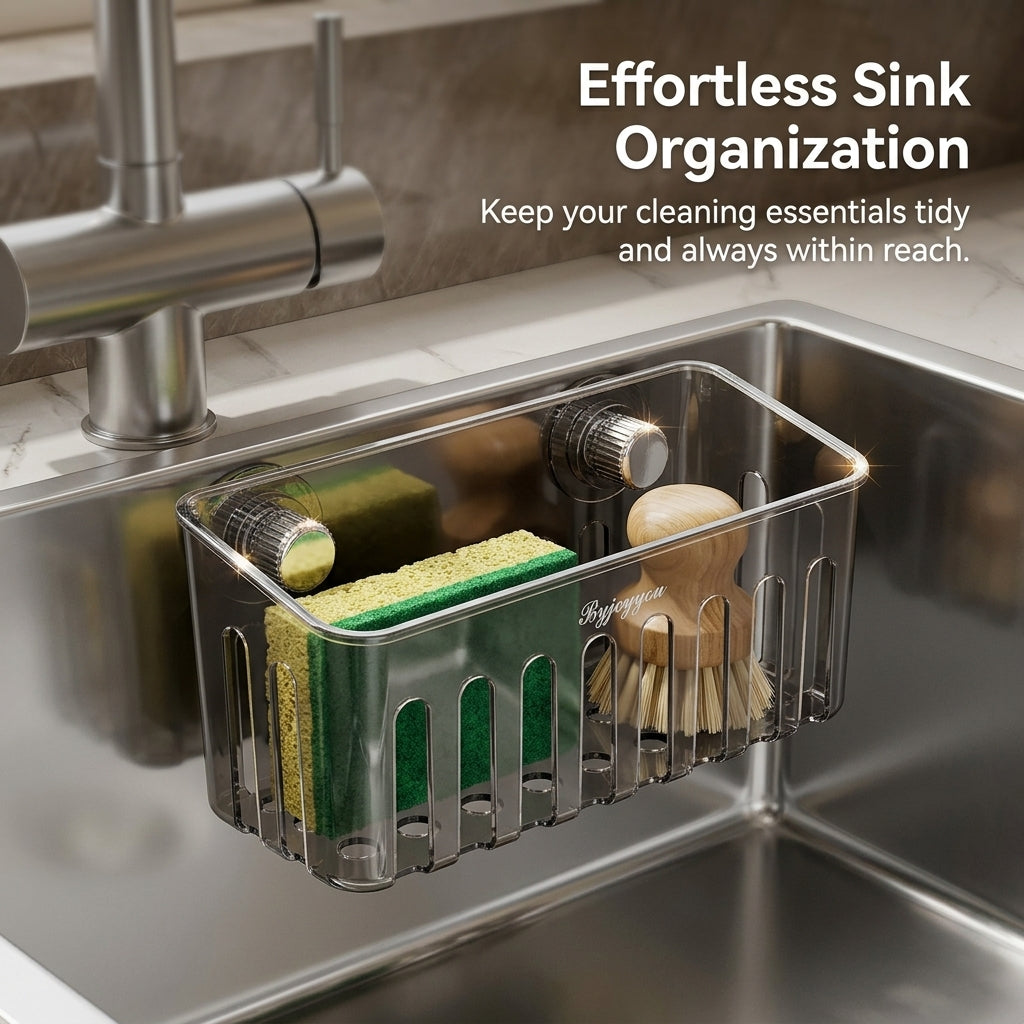 Bathroom Sink and Kitchen Organizer with Drain Rack, Rectangular Sponge Holder with Suction Cup for Homeowners