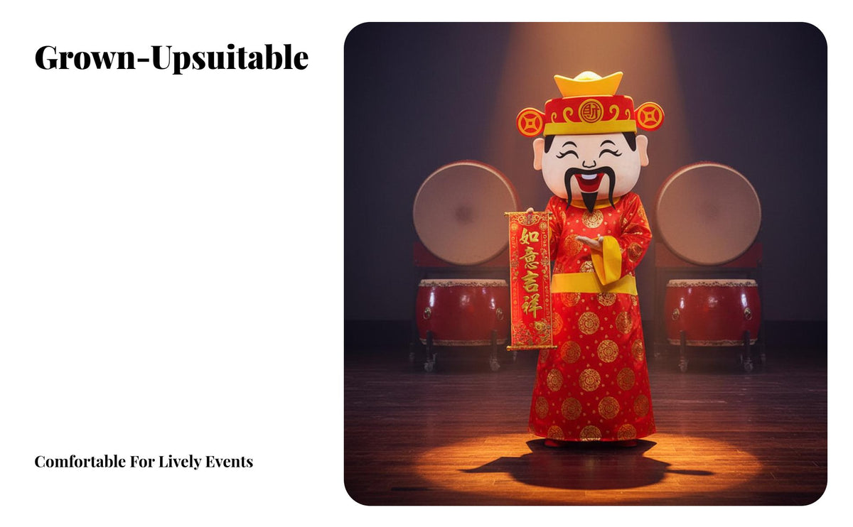 Lifelike Design God of Wealth Mascot Costume Vivid Appearance God of Wealth Costume Comfortable Fit Chinese New Year Mascot Suit High Quality Material for Performers, Event Team, Cosplayers, Stage Performances, Cultural Events, Festivals