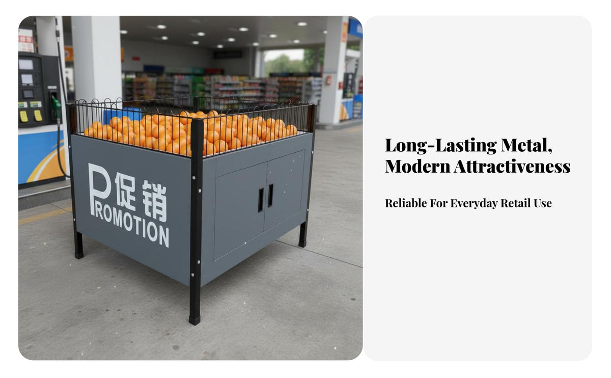 Heavy Duty Supermarket Island Display Stable Structure Advertising Al Display Table with Cabinet Large Capacity Retail Dump Bin with Storage Extra-Sturdy for Shop Owners, Retailers, Merchandisers, Fruit Stands, Convenience Stores, Shopping Malls