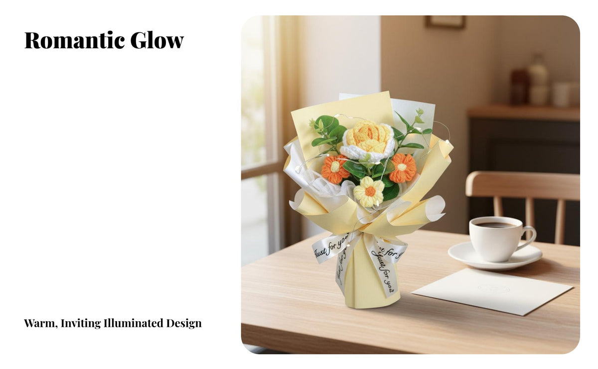 Everlasting Flowers Knitted Yarn Flower Arrangement Long-Lasting Crochet Flower Arrangement No Maintenance Gift Item With LED Lights for Girlfriend, Partners, Valentine's Day, Birthdays, Home Decor, Living Room