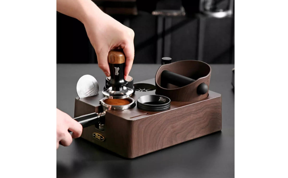 Wood-Grain Espresso Pressing Station | Adjustable Height, pressing Station with Portafilter Holder, for Kitchen Countertop