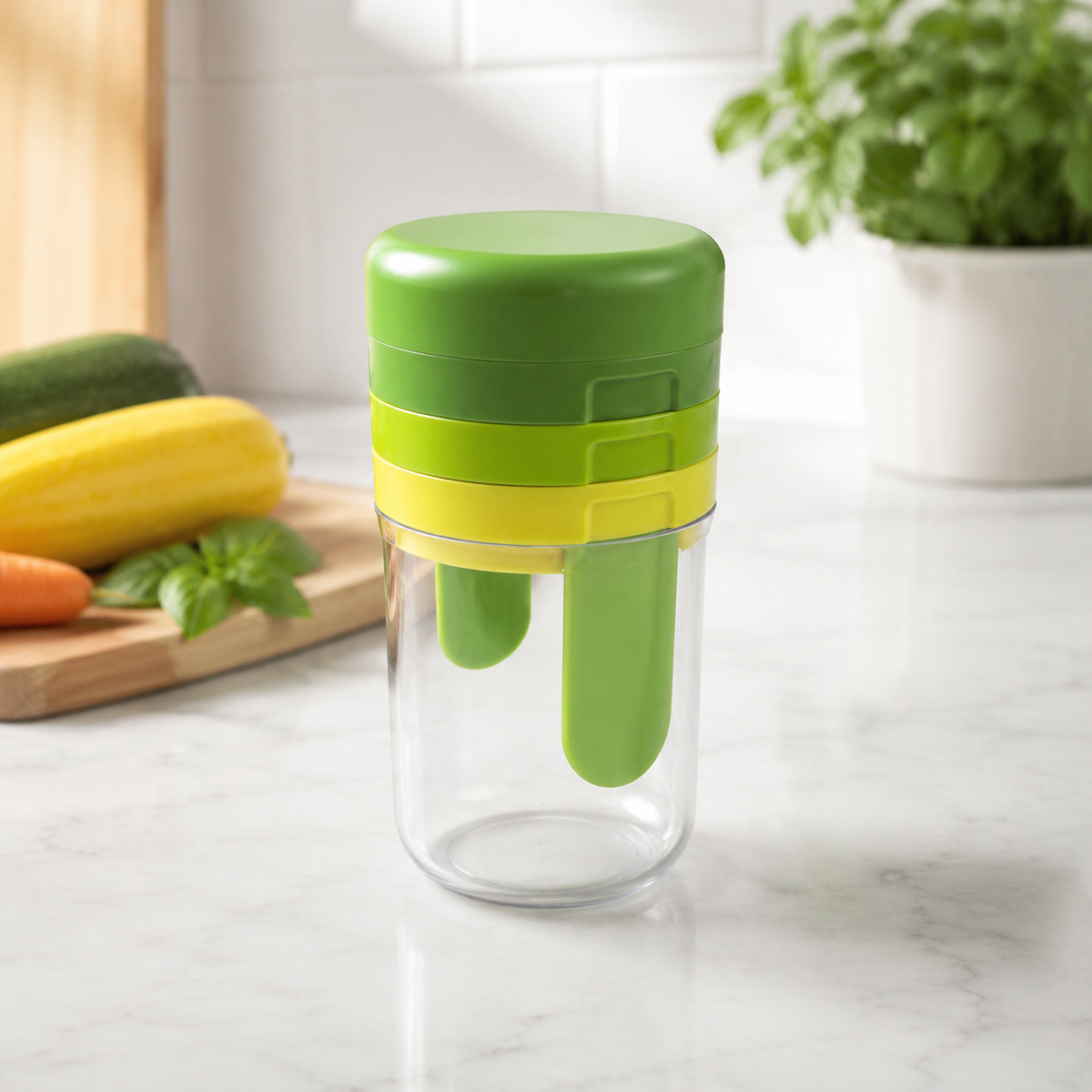 3-in-1 Julienne Slicer, Kitchen Utensil with Stainless Steel Blades, Green Vegetable Cutter for Zoodles, 15.6x8.1x8.1cm with Container