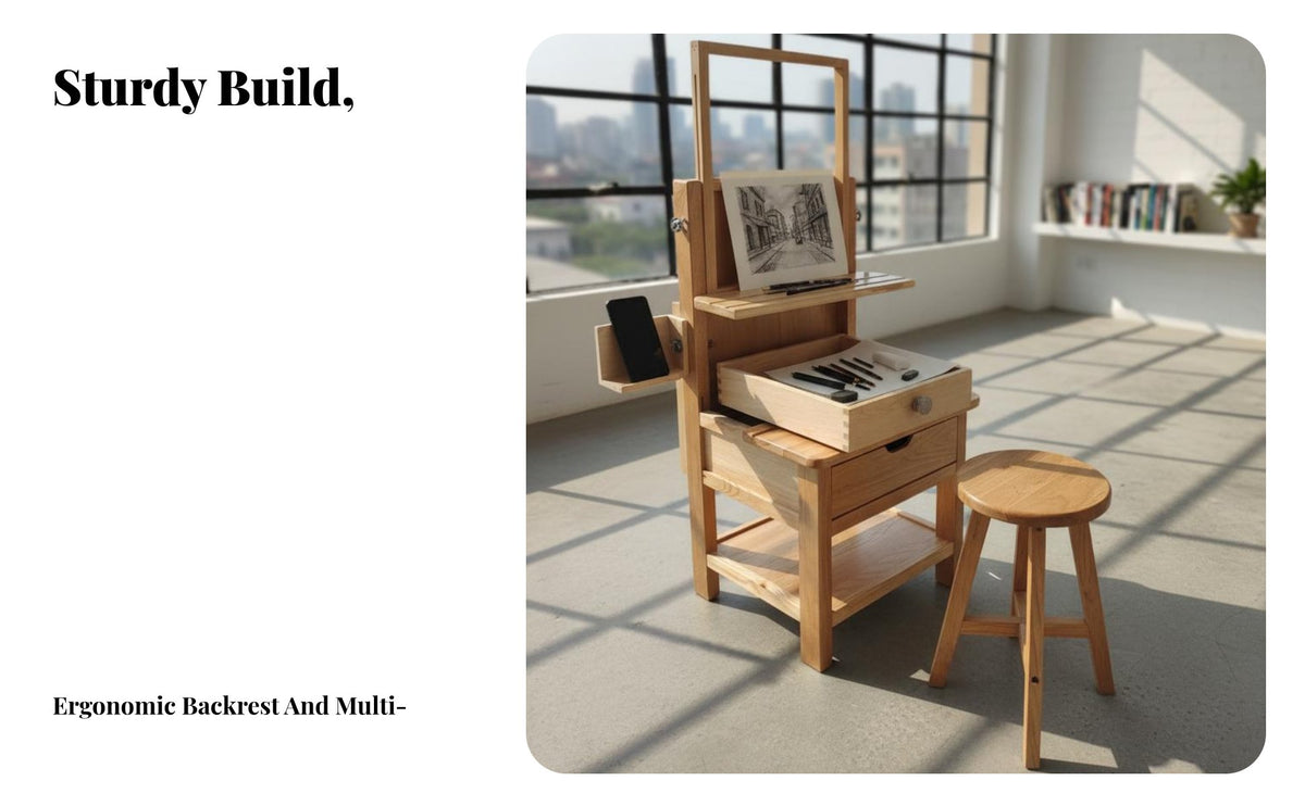 Solid Wood Sketching Stool with Drawing Board Sturdy Construction Tilting Drawing Desk with Stool Multi-Purpose Height Adjustable Art Table Space-Saving for Painters, Designers, Hobbyists, Classroom, School, Home, Workshop
