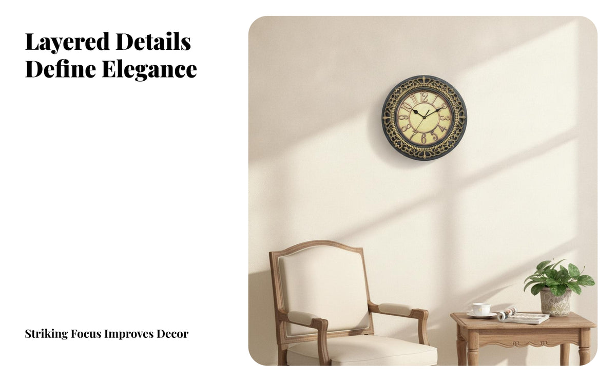 European-Style Vintage Wall Clock Ornate Round Wall Clock Openwork Frame Home Decor Cream-Colored Dial
