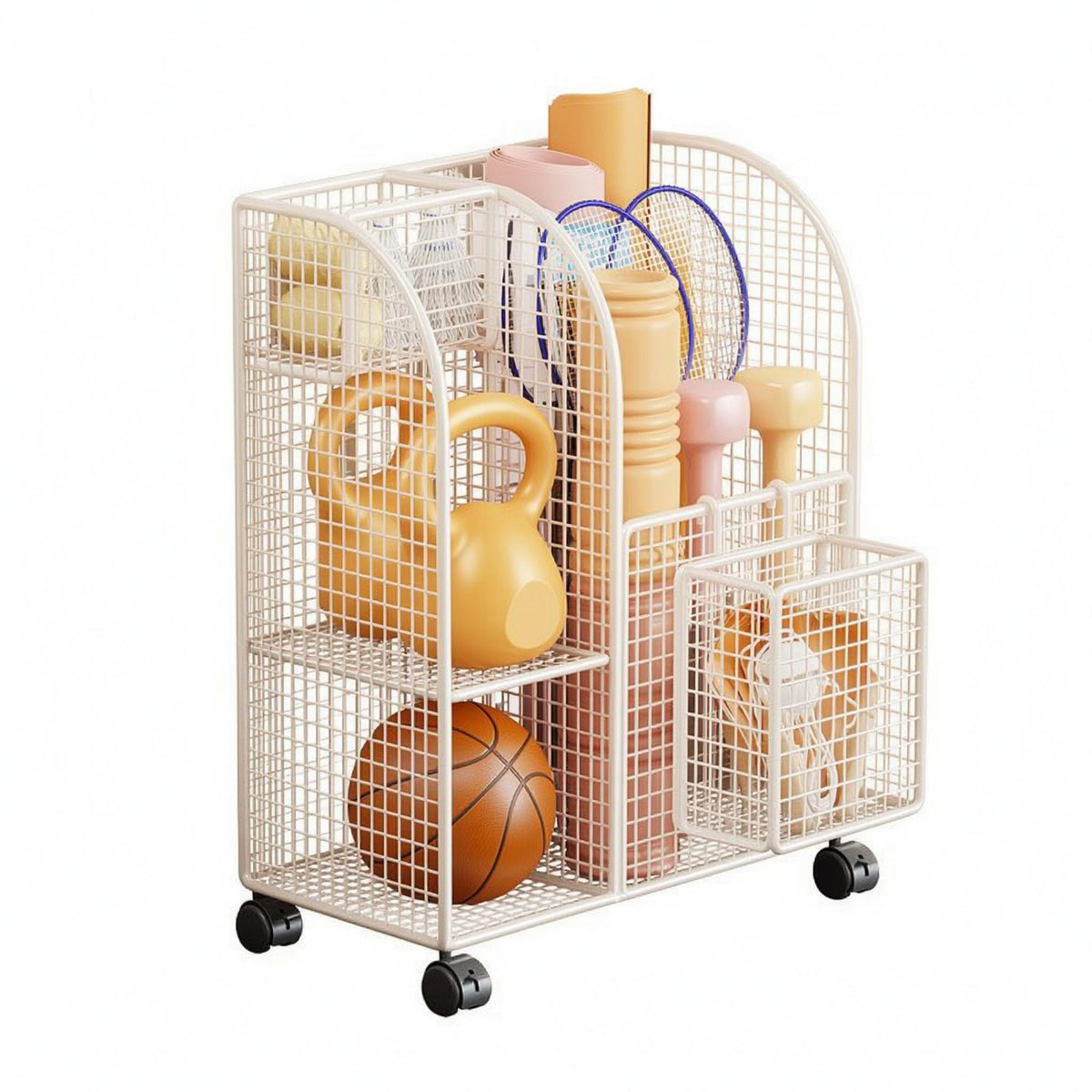 Metal Home Gym Storage Trolley Grid-styleGrid Fitness Equipment Organizer Arched Side Panels Exercise Gear Rack Two Shelf Levels