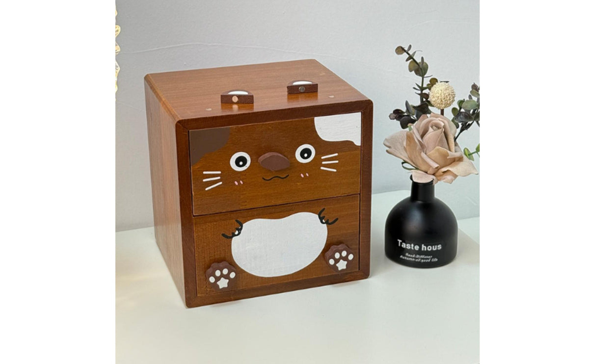 Solid Wood Cute Wooden Makeup Organizer Great Gift Idea Wooden Cat Storage Box Space Saving Tabletop Organizing Drawers No Assembly Required for Girls, Kids, Bedroom, Vanity Table, Dorm Room
