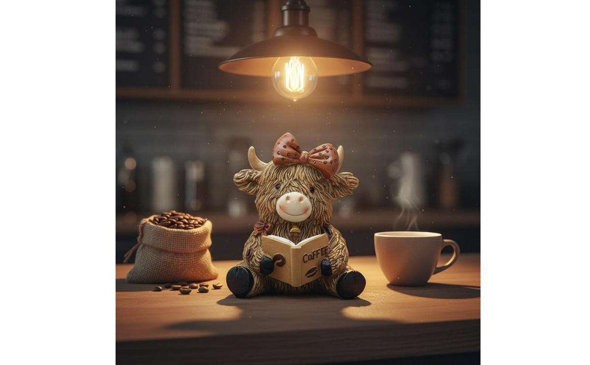 Coffee Theme Cow Sculpture Hand-Painted Look Resin Cattle Figure for Office Desk