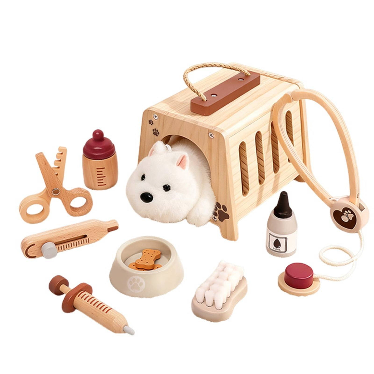 Compact Wooden Vet Playset Rope Handle Pet Vet Playset Educational Veterinarian Kit for Children, Kids