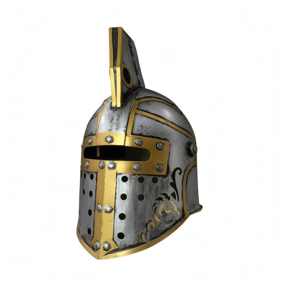 Raised Crest Spartan Helmet Statue Silver and Gold Antique-Style Helmet Ornament Distressed Finish Perforated Panels for Home Display