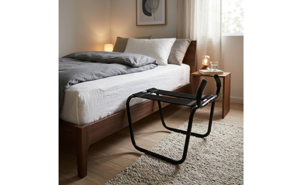 Black Metal Bed Assist Stool Cylindrical Bedside Standing Aid Flat Platform Bedside Stool Compact for Bedroom