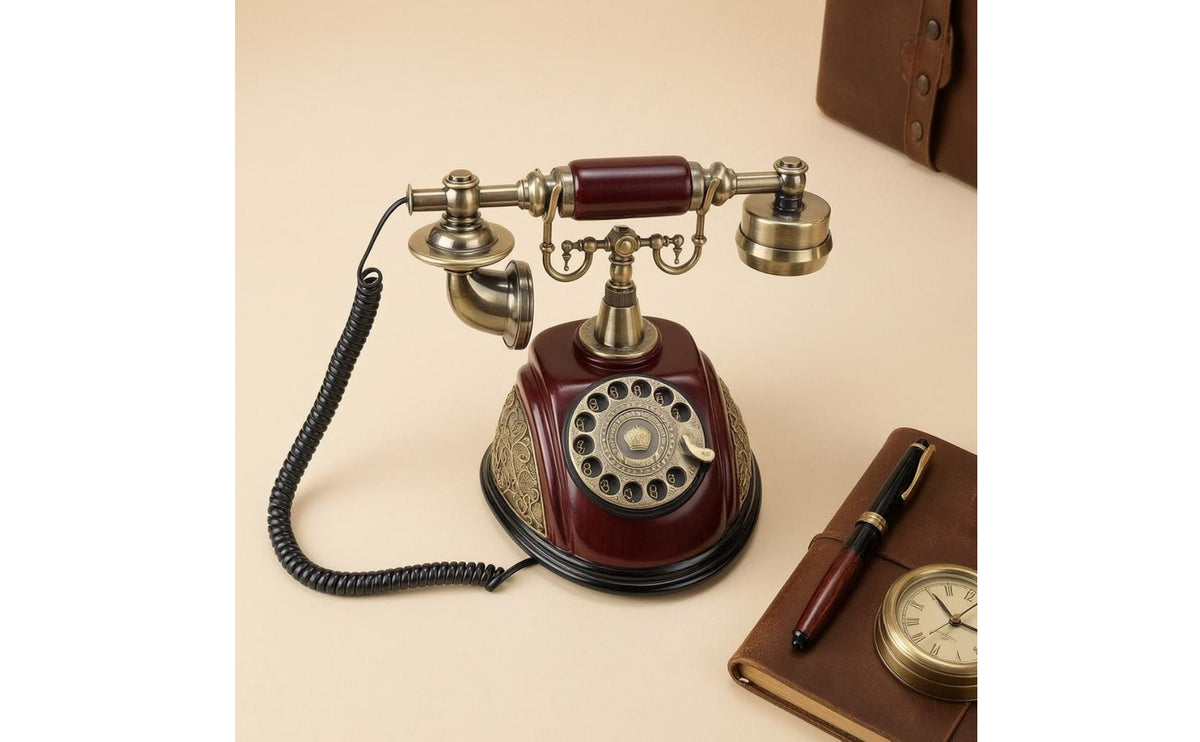 Burgundy-Red Vintage Rotary Telephone Gold-Tone Accents Decorative Tabletop Telephone Ornate Old Fashioned Corded Phone Coiled Cord