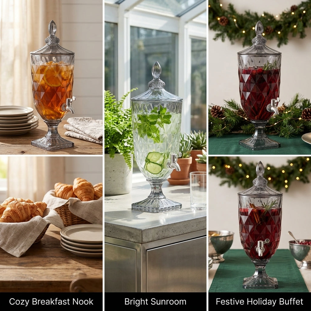 Water Dispenser Urn with Metal Tap, Large Crystal Glass Juice Container, Elegant Pressed Drink Dispenser for Iced Tea, Party and Event Use