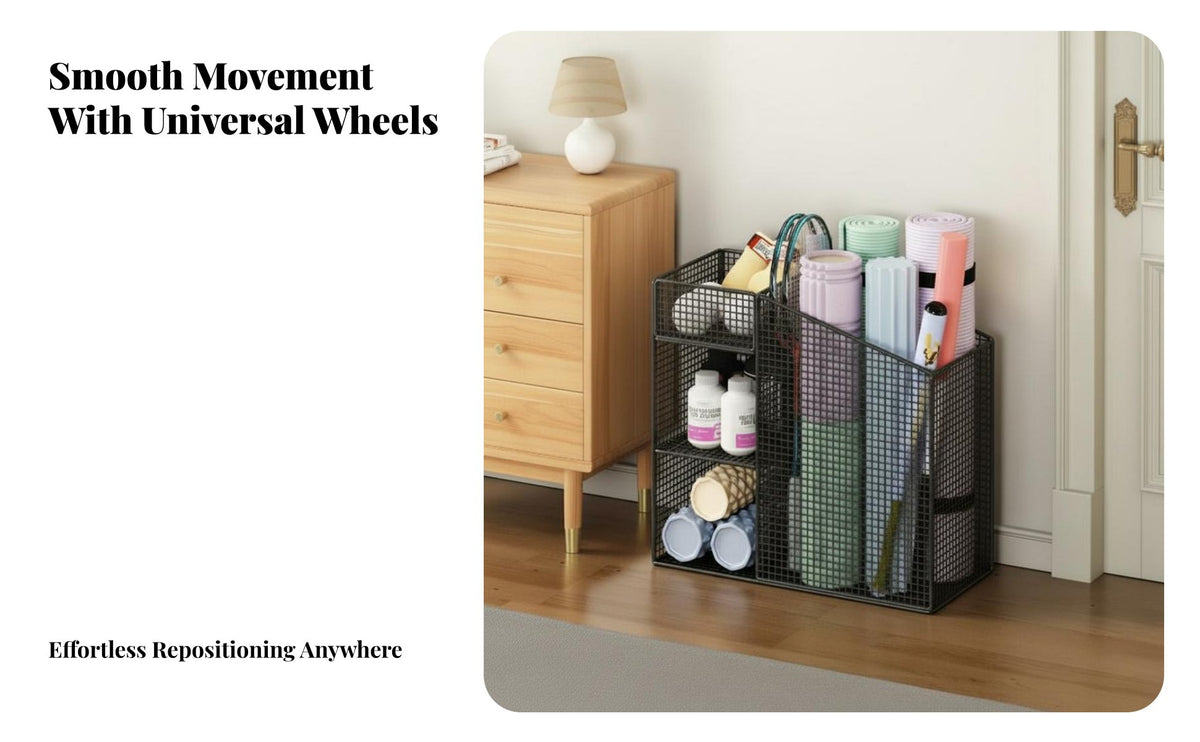 Exercise Mat and Ball Holder Movable with Wheels Rolling Exercise Mat Cart Space Saving Home Gym Equipment Rack for Families, Small Areas, Garage