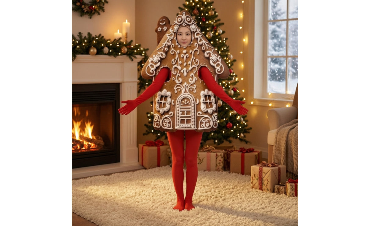 Gingerbread House Costume Hooded Gingerbread Costume Long-Sleeve Holiday Jumpsuit for Cosplayers, Christmas Parties